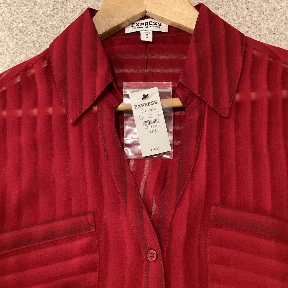 Express Red Sheer Striped Portofino Top - Picture 6 of 8